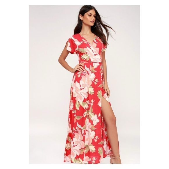 Lulus Coral Tropical Floral Short Sleeve Wrap Maxi Dress M - Picture 6 of 12